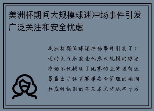 美洲杯期间大规模球迷冲场事件引发广泛关注和安全忧虑