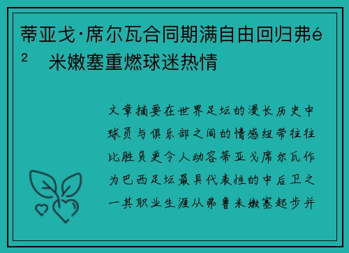 蒂亚戈·席尔瓦合同期满自由回归弗鲁米嫩塞重燃球迷热情