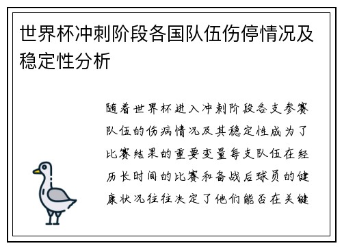 世界杯冲刺阶段各国队伍伤停情况及稳定性分析